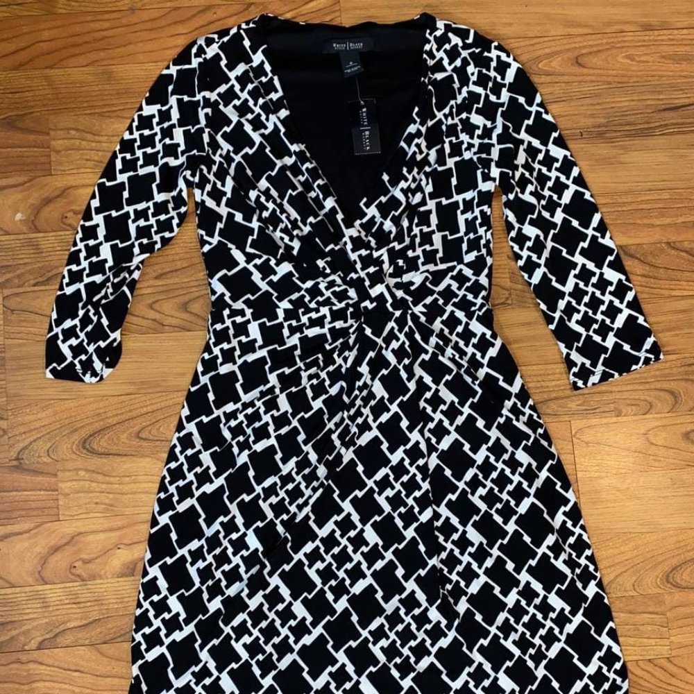 NWT White House Black Market Geometric Print Faux Wrap 3/4 Career Dress Sz 0